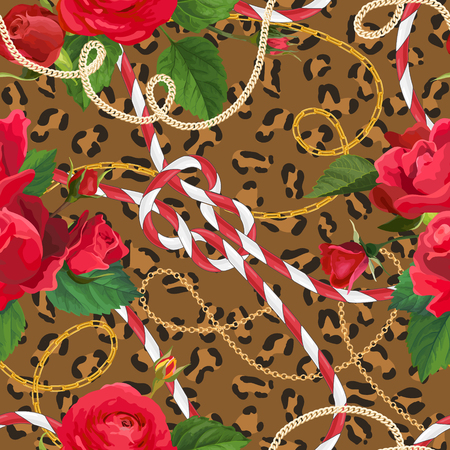 Golden Chains, Leopard Skin and Flowers Fabric Seamless Pattern. Fashion Background with Gold Chain, Rope and Floral Elements for Wallpaper, Textile Print. Vector illustrationのイラスト素材
