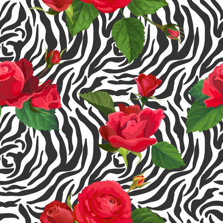 Flowers and Zebra Skin Seamless Pattern. Animal Fabric Background with Floral Elements Fashion Print Design for Wallpaper, Textile. Vector illustrationのイラスト素材