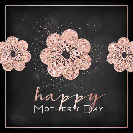 Mothers Day Banner Template with Golden Glitter Flowers. Mother Day Greeting Card Calligraphy Design with Glowing Elements for Flyer, Banner, Brochure. Vector illustrationのイラスト素材