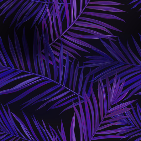 Tropical Neon Palm Leaves Seamless Pattern. Jungle Purple Colored Floral Background. Summer Exotic Botanical Foliage Fluorescent Design with Tropic Plants for Fabric, Textile. Vector illustrationのイラスト素材