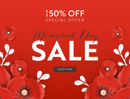 Memorial Day Sale Banner with Red Paper Cut Poppy Flowers. Remembrance Day Discount Poster with Symbol of Piece Poppies for Promo Flyer, Origami Brochure, Leaflet. Vector illustrationのイラスト素材
