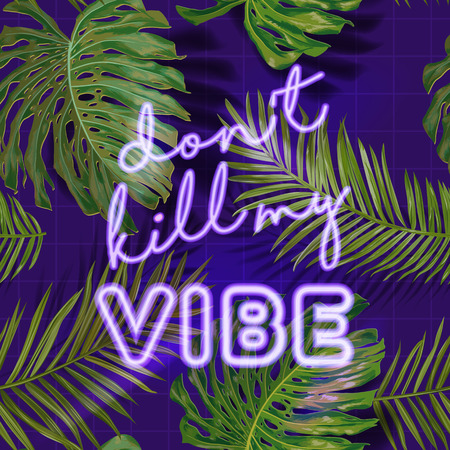 Tropical Beach Party Banner with Neon Lettering. Hot Summer Night Club Signboard Poster with Palm Leaves. Disco Poster Illuminated Sign. Vector illustrationのイラスト素材