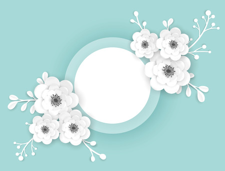 Paper Cut Flowers Frame Greeting Card Template. Decorative Design with 3D Origami Floral Elements for Spring Banner, Brochure, Poster. Wedding Trendy Background. Vector illustrationのイラスト素材