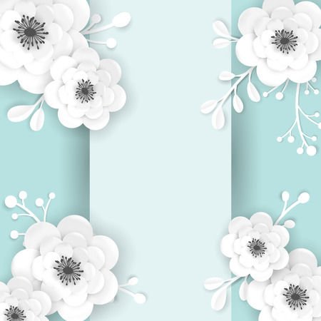 Paper Cut Flowers Frame Greeting Card Template. Decorative Design with 3D Origami Floral Elements for Spring Banner, Summer Sale Brochure, Poster. Wedding Trendy Background. Vector illustrationのイラスト素材