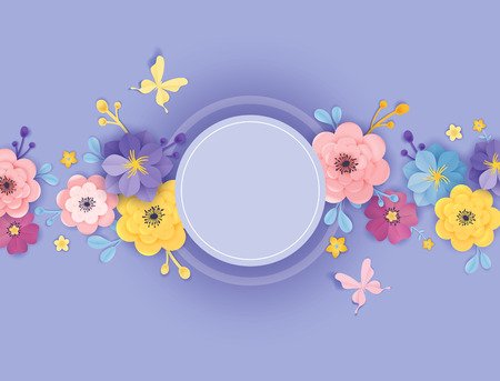 Paper Cut Flowers Greeting Card Template. Floral Background Frame Origami Style. Botanical Spring Summer Design for Banner, Poster. Vector illustrationのイラスト素材