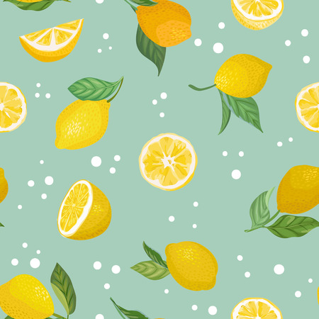 Seamless fruit pattern with lemons, leaves, flowers background. Hand drawn vector illustration in watercolor styleのイラスト素材
