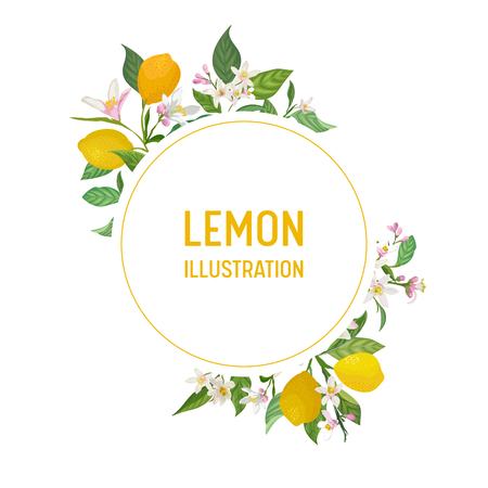 Botanical wedding invitation card, vintage Save the Date, template frame design of lemons fruit flowers and leaves, blossom illustration. Vector trendy cover, graphic poster, brochureのイラスト素材