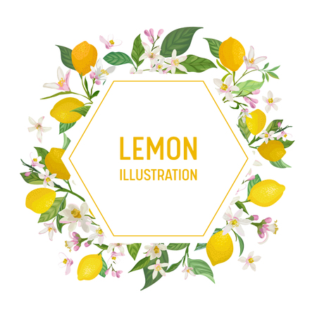 Botanical wedding invitation card, vintage Save the Date, template frame design of lemons fruit flowers and leaves, blossom illustration. Vector trendy cover, graphic poster, brochureのイラスト素材