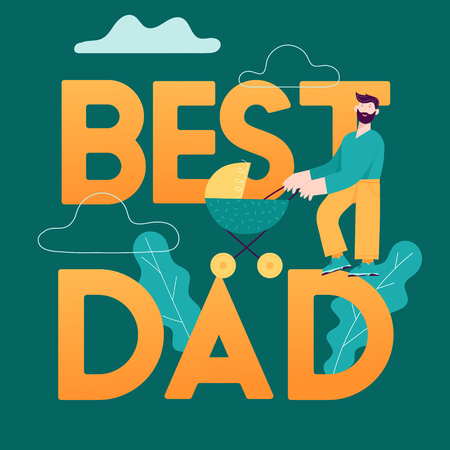 Best Dad Concept Card. Happy Father Day Illustration with Smiling Daddy Character and Child in Baby stroller.のイラスト素材
