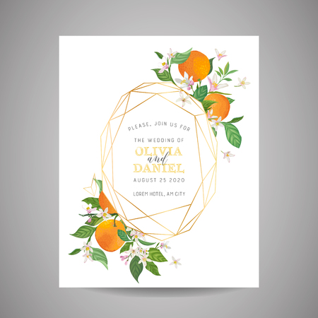 Botanical wedding invitation card, vintage Save the Date, template design of orange, citrus fruit, flowers and leaves, blossom illustration. Vector trendy cover, graphic poster, brochureのイラスト素材