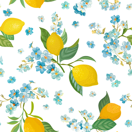 Seamless Lemon pattern with tropic fruits, leaves, forget me not flowers background. Hand drawn vector illustration in watercolor style for summer romantic cover, tropical wallpaper, vintage textureのイラスト素材