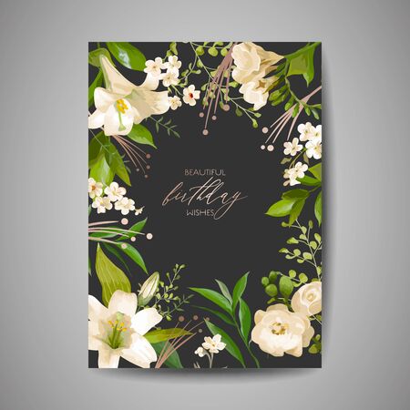 Birthday Greeting card, invitation or congratulation template with flowers, green floral leaves, poster celebration party design illustration in vector のイラスト素材