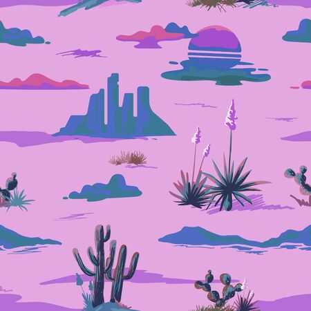 Vintage beautiful seamless desert illustration pattern. Landscape with cactuse, mountains, sunset vector hand drawn style backgroundのイラスト素材