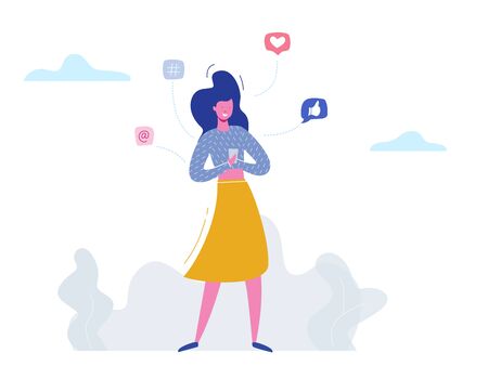 Vector concept woman character chatting on phone in social media, network bubbles. Illustration design for web banner, marketing material, business presentation, online advertisingのイラスト素材