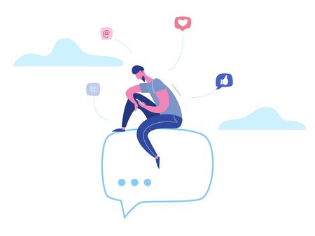 Vector concept man character chatting on phone in social media, network bubbles. Illustration design for web banner, marketing material, business presentation, online advertisingのイラスト素材
