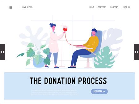 Blood Donor Bank Charity,Volunteer, Transfusion, Website Landing Page, Nurses or Doctors in Uniform. Laboratory, Healthcare Web Page, Medical test procedure Cartoon Flat Vector Illustration, Banner
のイラスト素材