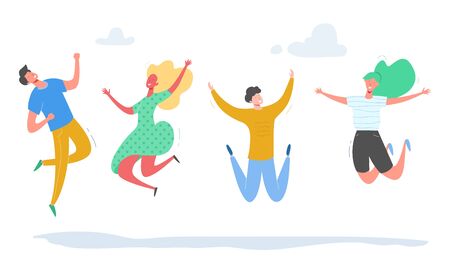 Set of young people jumping on white background. Stylish modern vector illustration with happy male and female characters, teenagers, students. Party, sport, dance and friendship team conceptのイラスト素材