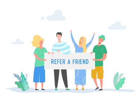 Refer a friend concept with banner and business character people holding sign, smiling man and woman illustration. Friendship, leadership, business team, social diversity concept in vectorのイラスト素材