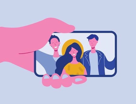 Hands holding mobile phone with happy boys and girls displaying on screen. Friends posing for selfie, group of joyful people photographing themselves. Flat cartoon characters vector illustrationのイラスト素材