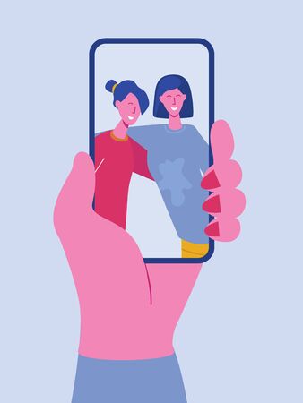 Hand holding mobile phone with happy girls displaying on screen. Friends posing for selfie, group of joyful people photographing themselves. Flat cartoon characters vector illustrationのイラスト素材