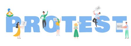 Crowd of protesting people holding banners and placards. Men and women characters on political meeting, parade or rally. Group of male and female protesters or activists. Vector illustrationのイラスト素材