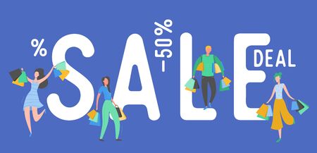 Set of people with Shopping Bags and Presents. Man and woman Characters, Big sale, Discount and Advertising Banner, Black Friday, Flyer, promo Poster Concept illustration in vectorのイラスト素材