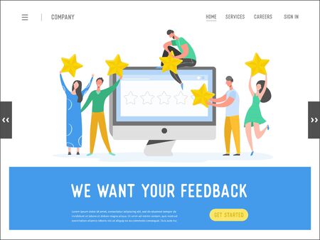 Landing page template review concept illustration. Woman and man characters writing good feedback with gold stars. Customer rate services for website or web page. Five stars positive opinion. Vectorのイラスト素材