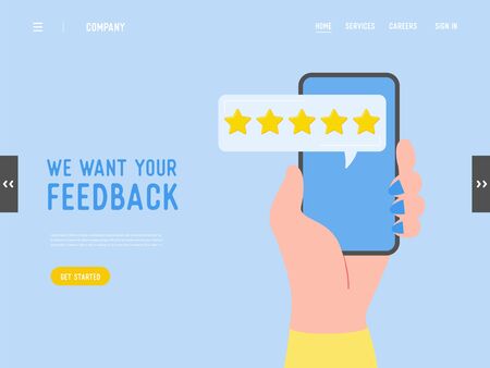 Landing page template review concept illustration. Website with good feedback and gold stars. Customer rate services for web page. Five stars positive opinion. Vectorのイラスト素材