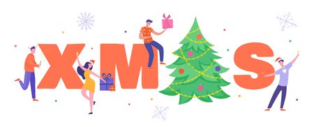Xmas Party Card or Invitation Poster. People characters dancing, celebrating Merry Christmas and Happy New Year night. Vector illustrationのイラスト素材