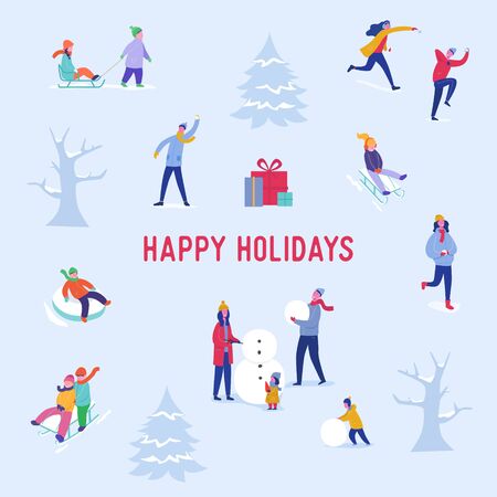 Xmas Party Card or Invitation Poster. People characters on sledges, making snowman, playing in snow, celebrating Merry Christmas and Happy New Year night. Vector illustrationのイラスト素材