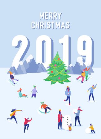 Xmas Party Card or Invitation Poster. People characters on sledges, making snowman, playing in snow, celebrating Merry Christmas and Happy New Year night. Vector illustrationのイラスト素材