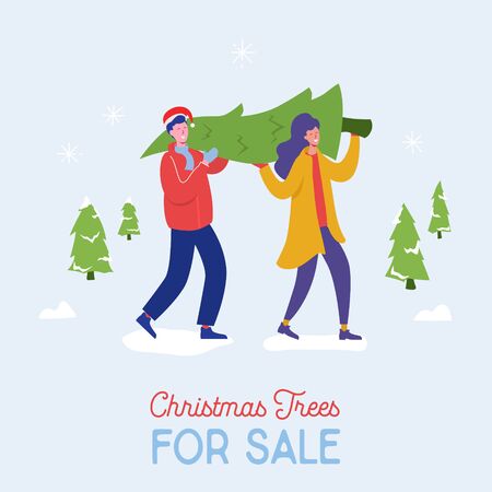 Sale banner of people carrying, buying Christmas trees and celebrating winter holidays. Men, women characters, family do shopping for New Year celebration Design template poster. Vector illustrationのイラスト素材