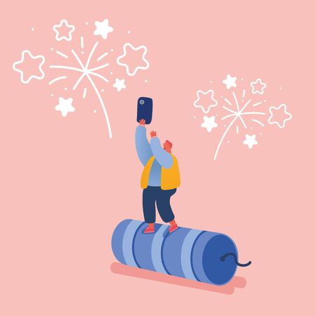 People celebrating New Year or Happy Birthday Party. Men and Women Characters launching and watching explosion of firework rockets, celebrating holidays. Vector concept illustration
のイラスト素材