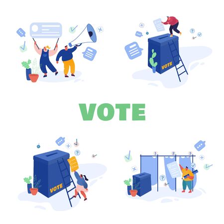 Voting and Election concept template design. Pre-election campaign. Promotion of people candidate characters. Citizens putting paper vote in to the ballot box candidates. Vector illustrationのイラスト素材