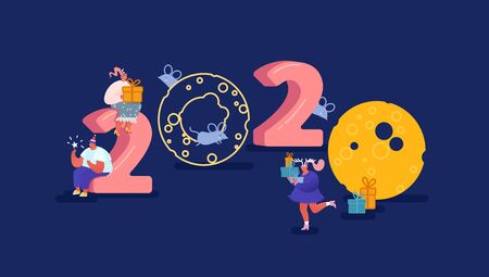 Christmas and Happy New Year greeting card with dancing people characters with 2020 year. Women and men celebration, party, winter holidays. Vector illustration for postcard, poster, invitationのイラスト素材