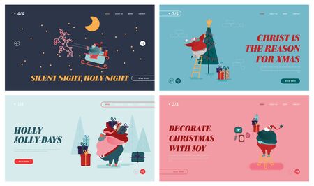 Set of Landing Page Templates for Winter Holidays. Merry Christmas and New Year Website Layout with Santa Claus Characters holding presents, decorating Xmas tree, riding sledge. Vector illustrationのイラスト素材