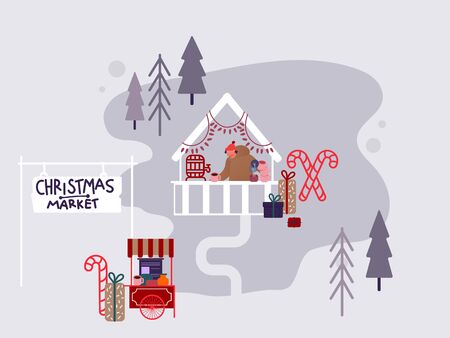 People Character on Christmas market or Holiday outdoor fair on town square, New Year Party. Man selling presents and gifts, drinking hot wine for banner design, invitation card. Vector illustrationのイラスト素材