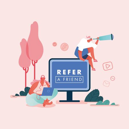 Refer a friend vector illustration Concept, Women with Computers. Referral marketing loyalty program, promotion method for landing page, template, ui, web, mobile app, poster, banner, flyerのイラスト素材