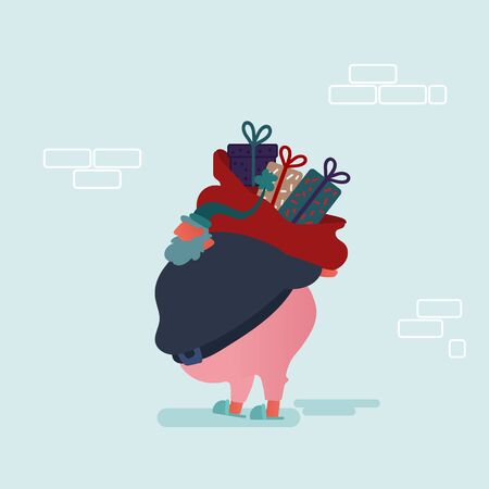 Funny Christmas Santa Claus in flat style. Set of Santa giving presents, preparing gifts. Festive characters for Christmas card, Design, Paper. Vector illustrationのイラスト素材