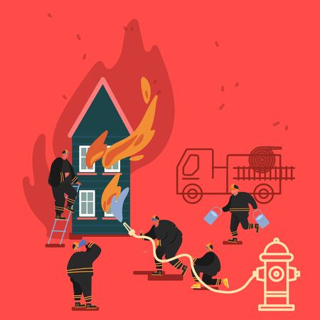 Composition of Firefighter Using Water From Hose for Fire Fighting Burning House. Fireman in Uniform, Fire Department Rescuer with Equipment Set, Truck, Hydrant, Extinguisher. Vector Illustrationのイラスト素材