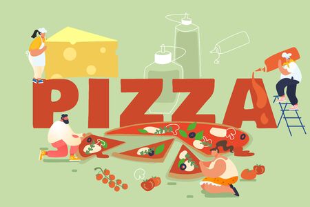 People Baking and Eating Huge Pizza. Male and Female Characters Cut with Knife, Put Ketchup and Cheese, Take Piece of Tasty Italian Food. Fast Food, Cafe, Bistro Visitors. Cartoon Vector Illustrationのイラスト素材
