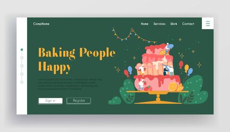 Bakery Website Landing Page, Chef Characters in Uniform and Hat Cook Festive Cake Decorating with Cream and Berriesのイラスト素材