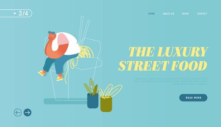 Chinese Fastfood Website Landing Page. Fat Man Sitting on Huge Takeaway Wok Box with Noodles and Chopsticksのイラスト素材
