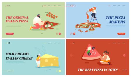 Set of Pizzeria Bistro Website Landing Page, People Characters Eating Huge Pizza, Cut with Knife, Put Ketchup and Cheeseのイラスト素材