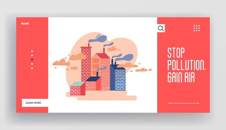 Environment Gas Pollution Website Template, Industry Factory Smog, Ecology Danger Concept Web Page and Landing Page. Toxic Smoke Dust, Carbon Dioxide Gas. Flat Cartoon Vector Illustrationのイラスト素材