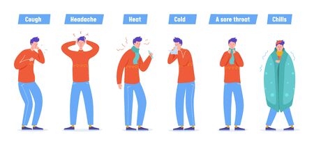 Set of Sick People Characters. Man Patient with Flu, Influenza Symptoms, Virus Disease, Illness Concept. Cold Treatment Process. Cartoon Vector illustrationのイラスト素材
