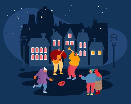Musical Performance Concept. Street Musicians Perform Outdoor Show. Guitarist and Trumpeter Playing Music in Night City Park People Watching Concert Put Money in Hat Cartoon Flat Vector Illustrationのイラスト素材