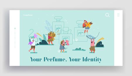 Perfumery Composition Creation Website Landing Page. Perfumers Create New Perfume Fragrance. People Bring Aroma Ingredients to Huge Sprayer Bottle Web Page Banner. Cartoon Flat Vector Illustrationのイラスト素材