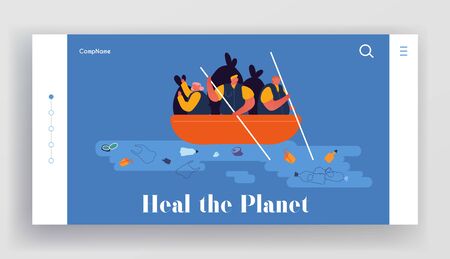 World Ocean Pollution Website Landing Page. People in Boat Collecting Plastic Garbage Waste Floating in Sea. Water Trash, Ocean Ecology Protection Web Page Banner. Cartoon Flat Vector Illustrationのイラスト素材