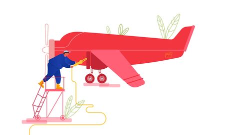 Private Plane Inspection and Fueling before Flight. Mechanic Stand on Ladder Pouring Fuel into Airplane Gas Tank. Maintenance of Retro Aircraft with Propeller Engine. Cartoon Flat Vector Illustrationのイラスト素材